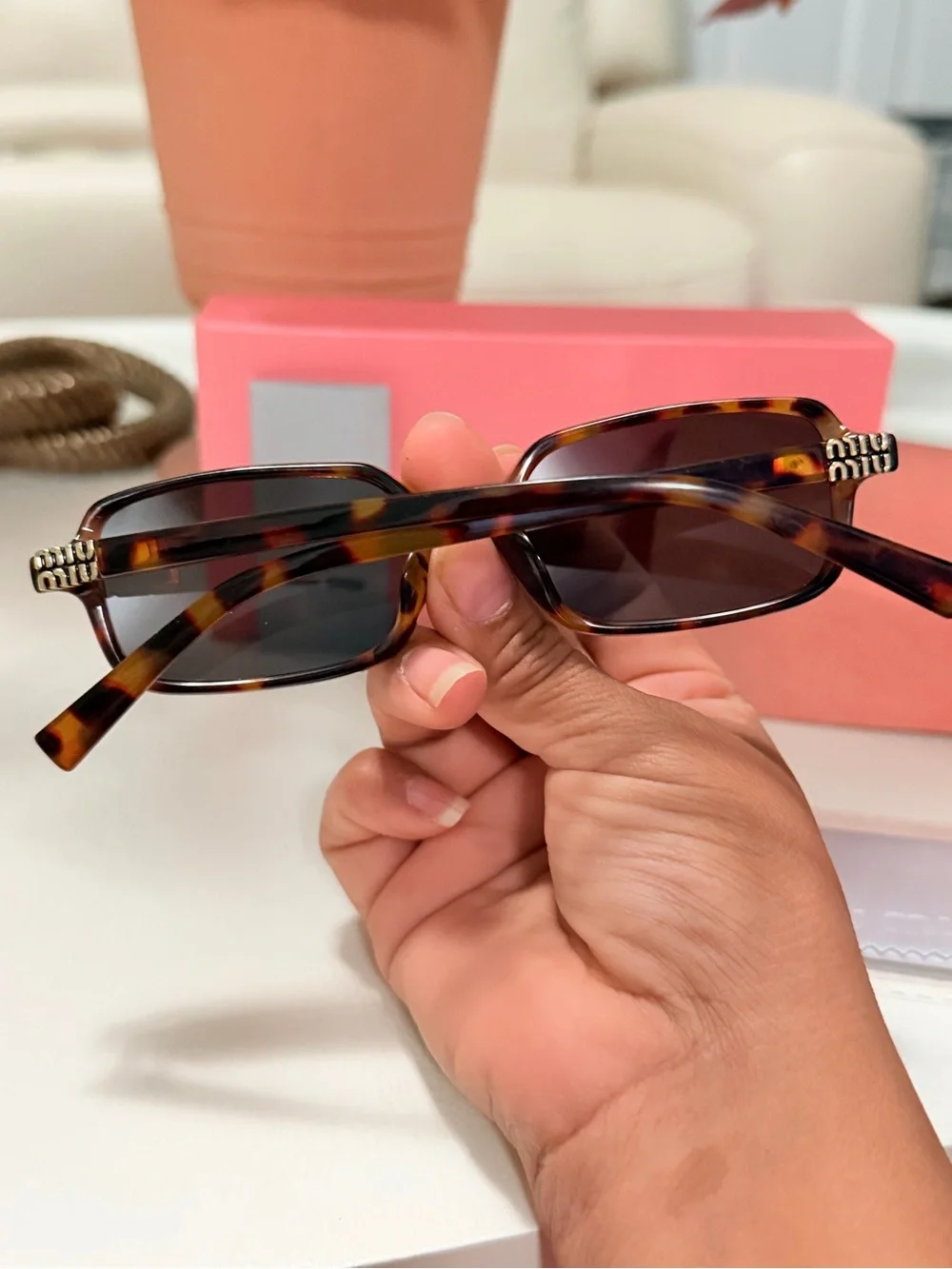 Miu Miu Tortoiseshell Sunglasses with Brown Lenses and Coral Pink Case